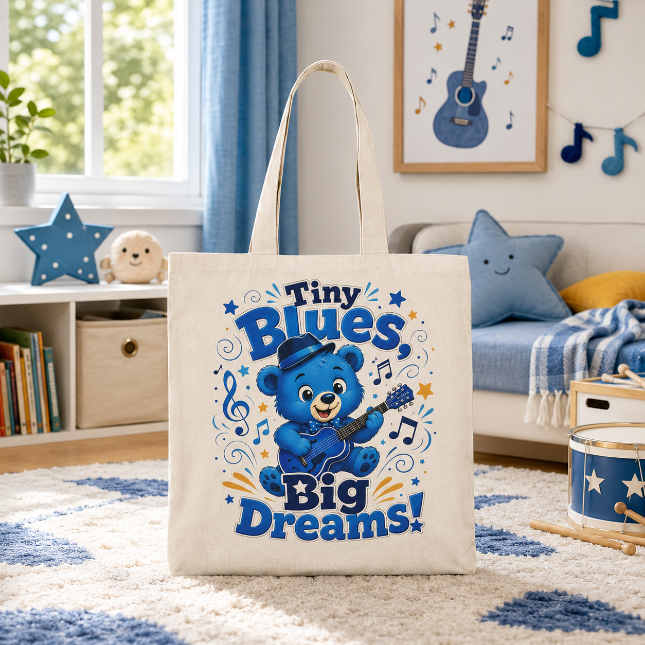 Little Blues, Big Smiles Tote Bag — Cute Blue Bear Guitar Eco Cotton Tote