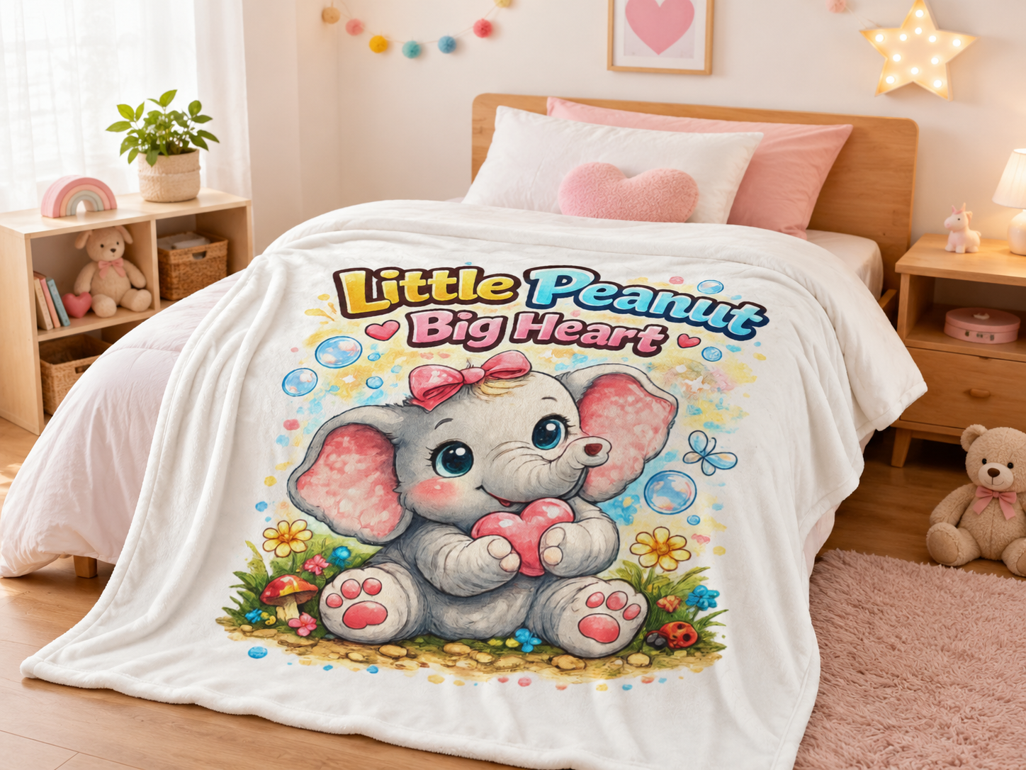 Baby Elephant Plush Blanket - "Little Peanut Big Heart" Cute Nursery Throw