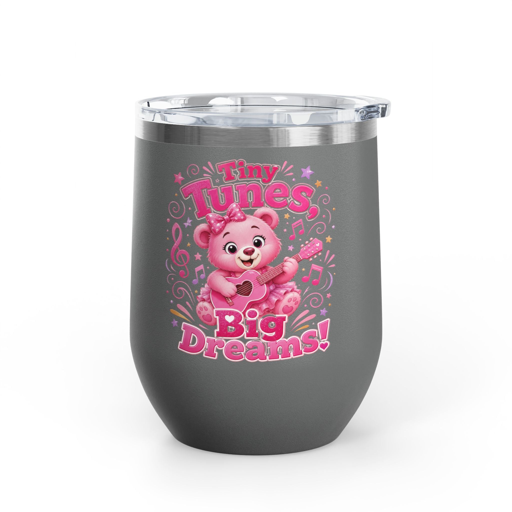 12oz Tumbler — "Tiny Tunes, Big Dreams" Cute Pink Bear Design