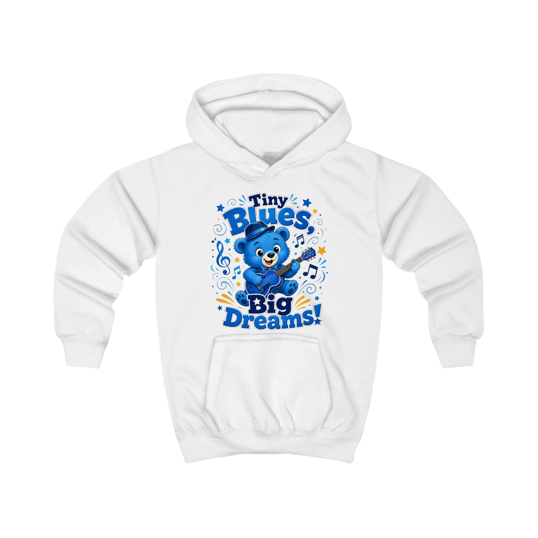 Kids Hoodie - "Tiny Blues Big Dreams" Cute Blue Bear Music Hoodie for Children
