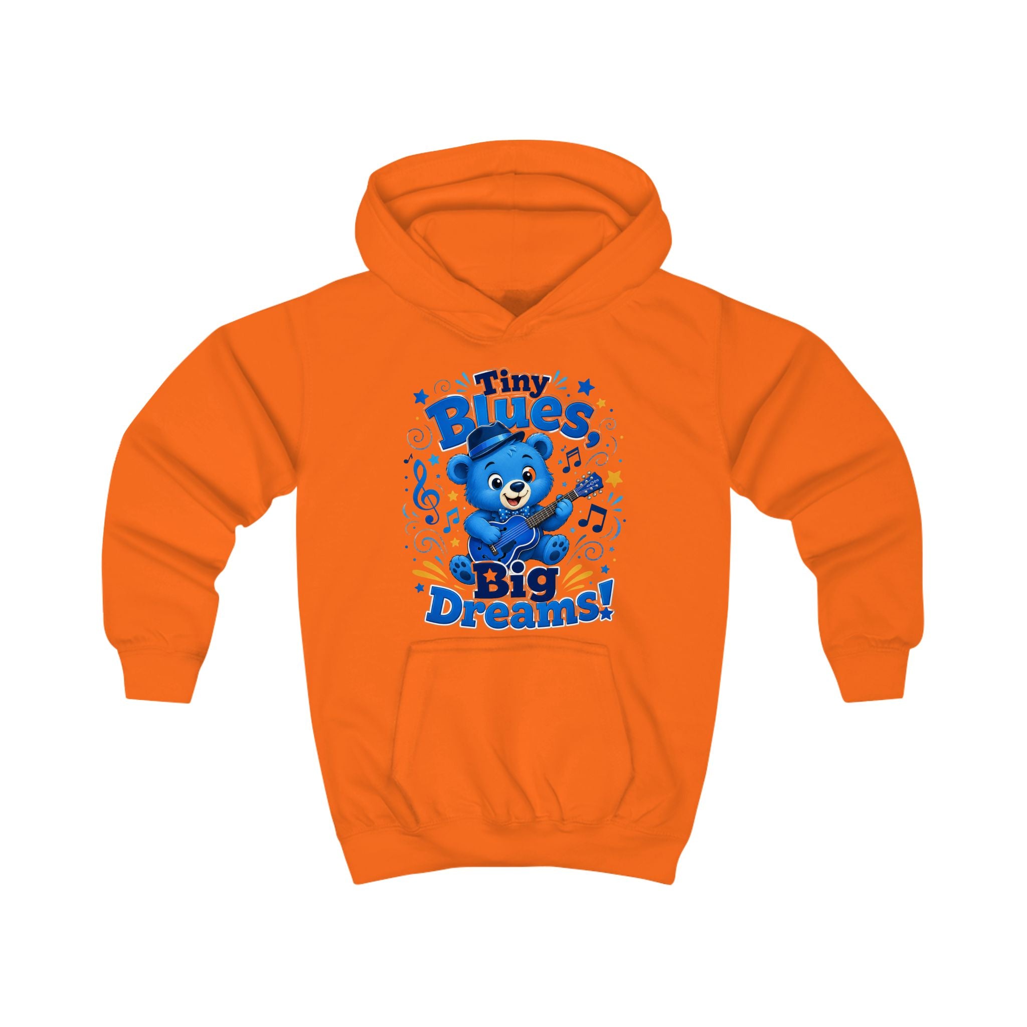 Kids Hoodie - "Tiny Blues Big Dreams" Cute Blue Bear Music Hoodie for Children