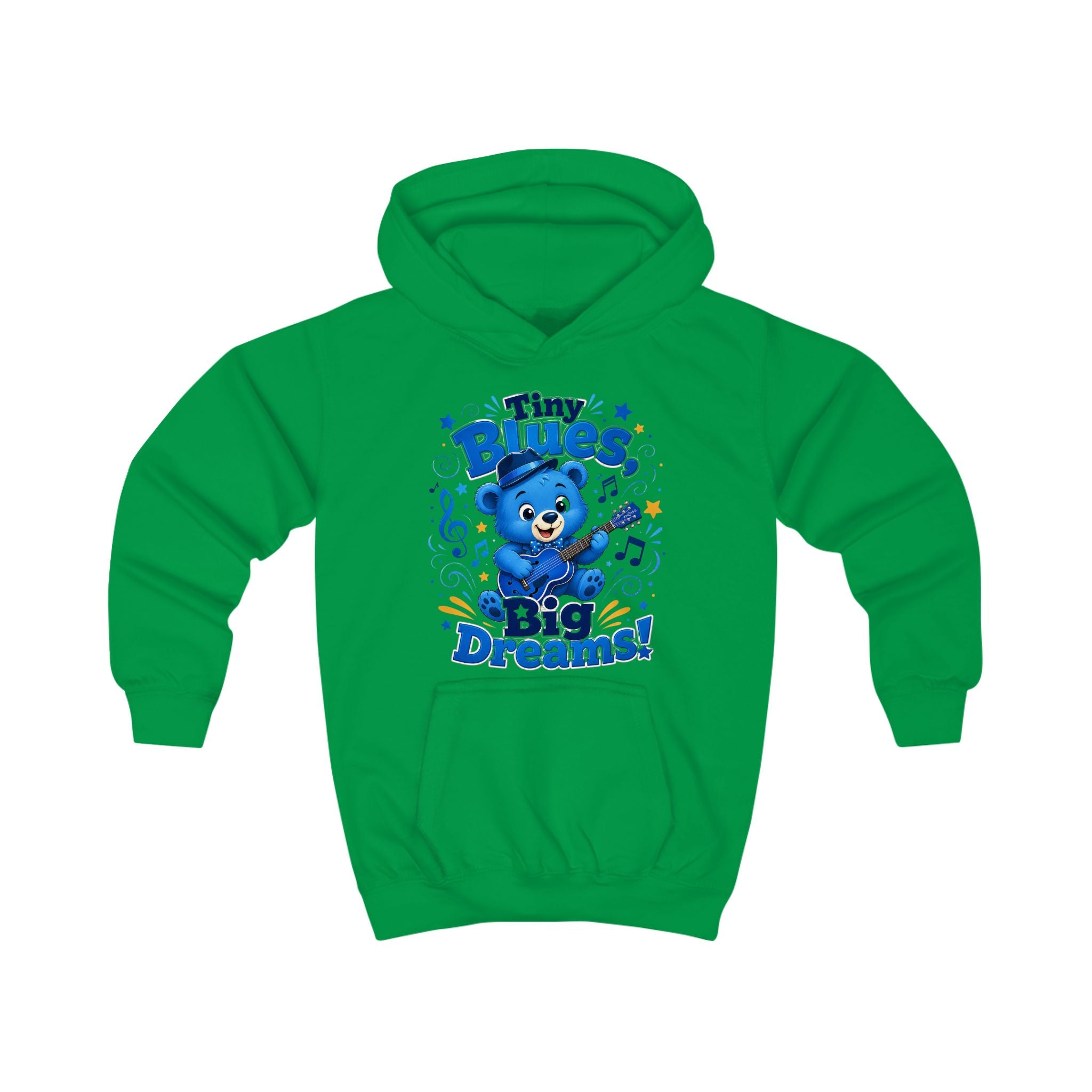 Kids Hoodie - "Tiny Blues Big Dreams" Cute Blue Bear Music Hoodie for Children