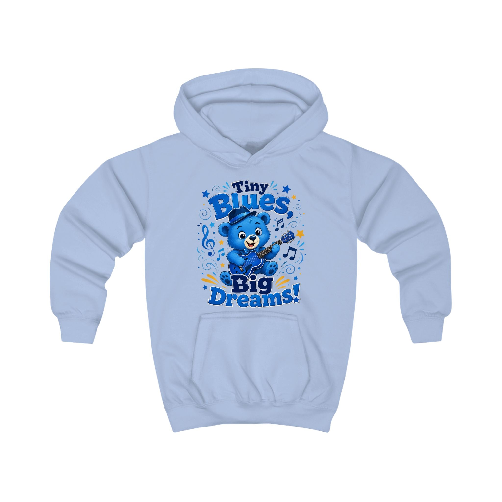 Kids Hoodie - "Tiny Blues Big Dreams" Cute Blue Bear Music Hoodie for Children