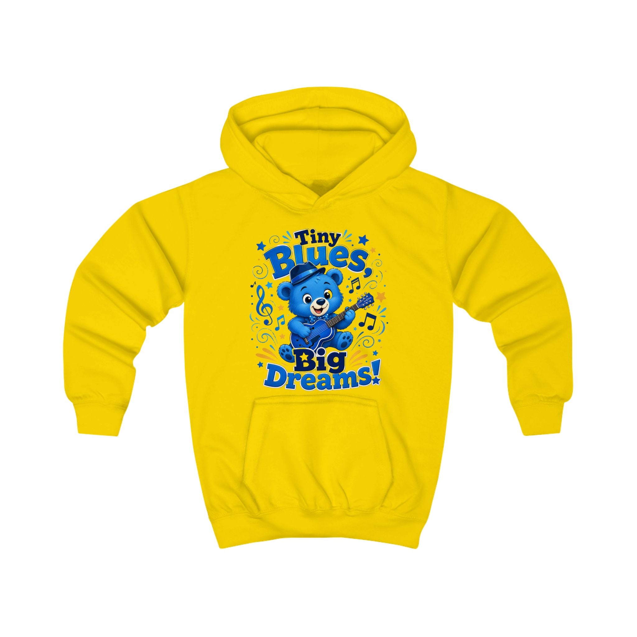 Kids Hoodie - "Tiny Blues Big Dreams" Cute Blue Bear Music Hoodie for Children