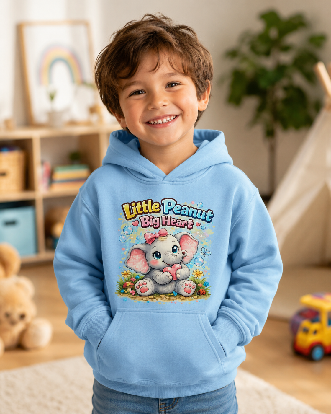 Kids Hoodie - "Little Peanut Big Heart" Cute Baby Elephant Graphic Pullover