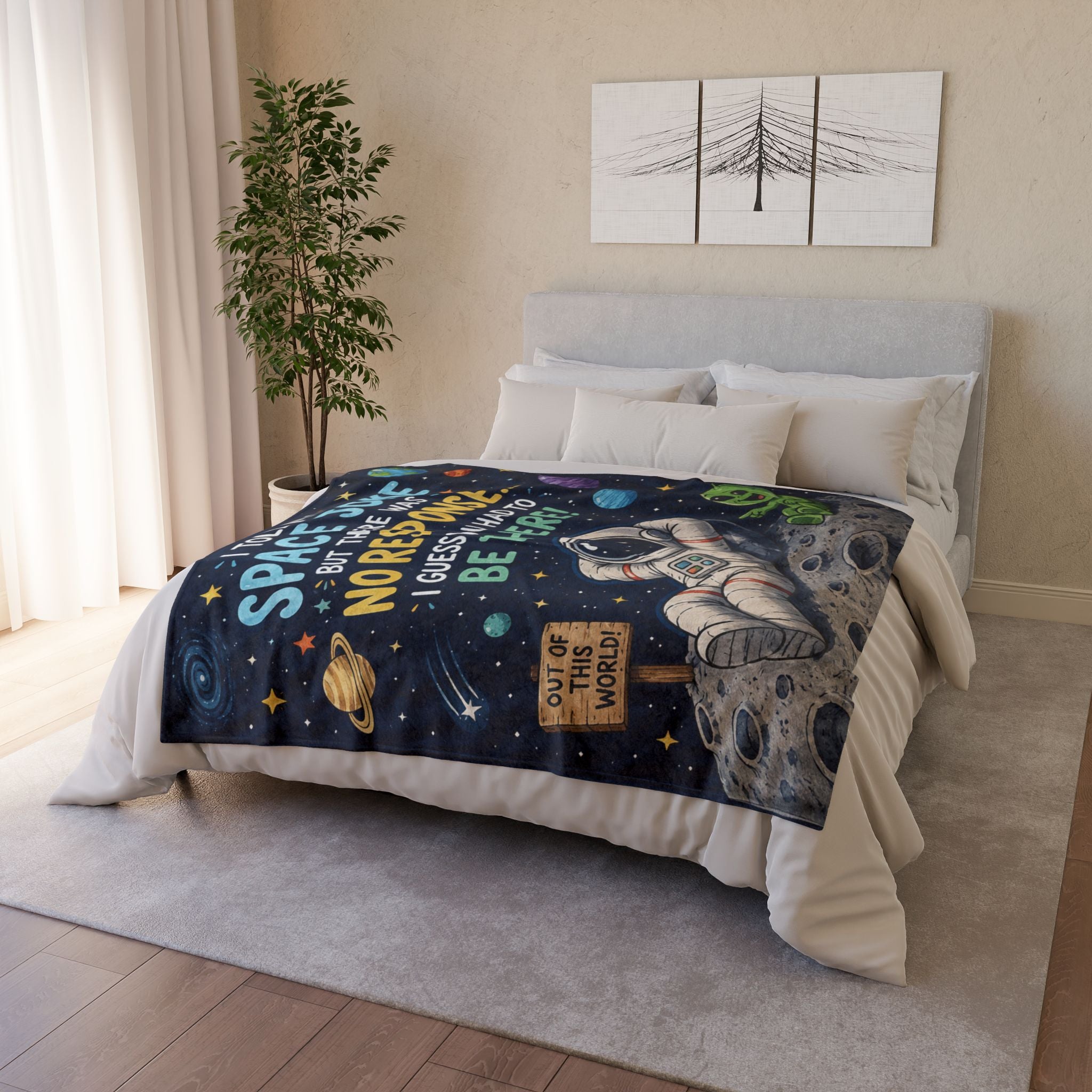 Astronaut & Alien Space Joke Blanket — "I Told My Space Joke... No Response" Cozy Throw