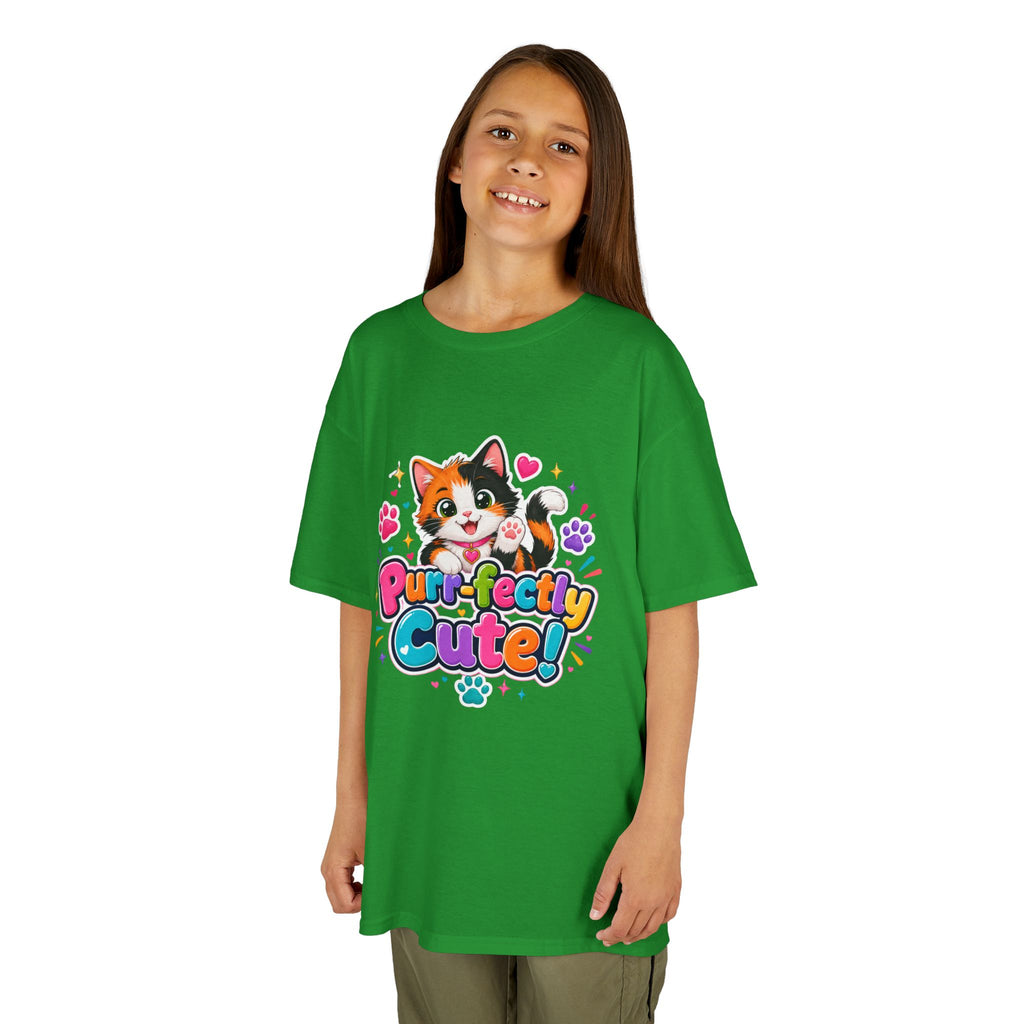 Kids Tee — “Purr-fectly Cute!” Colorful Calico Cat Graphic