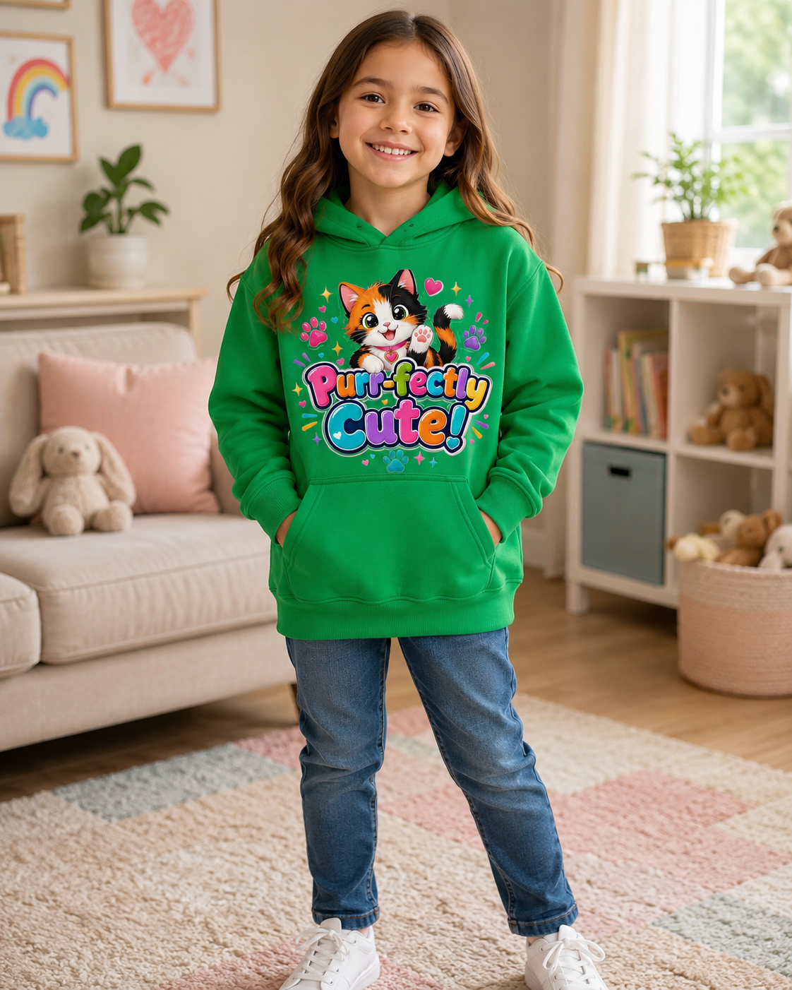 Kids Hoodie — "Purr-fectly Cute!" Cat Graphic Pullover for Children