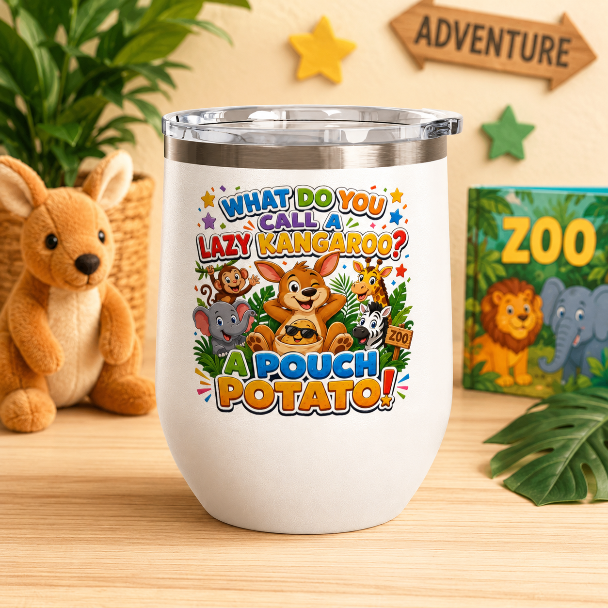 "What Do You Call a Lazy Kangaroo? A Pouch Potato!" Cute Animal Joke 12oz Insulated Tumbler