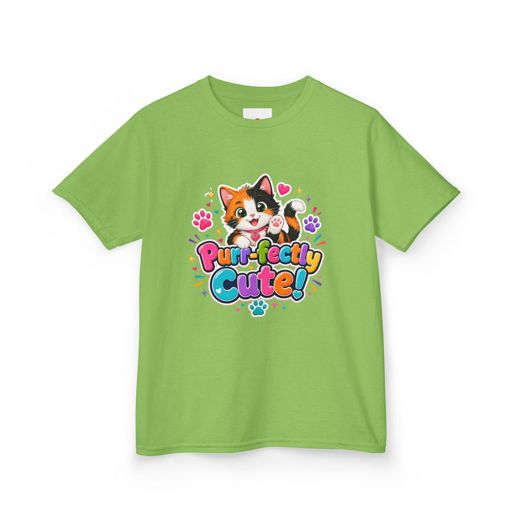 Kids Tee — “Purr-fectly Cute!” Colorful Calico Cat Graphic