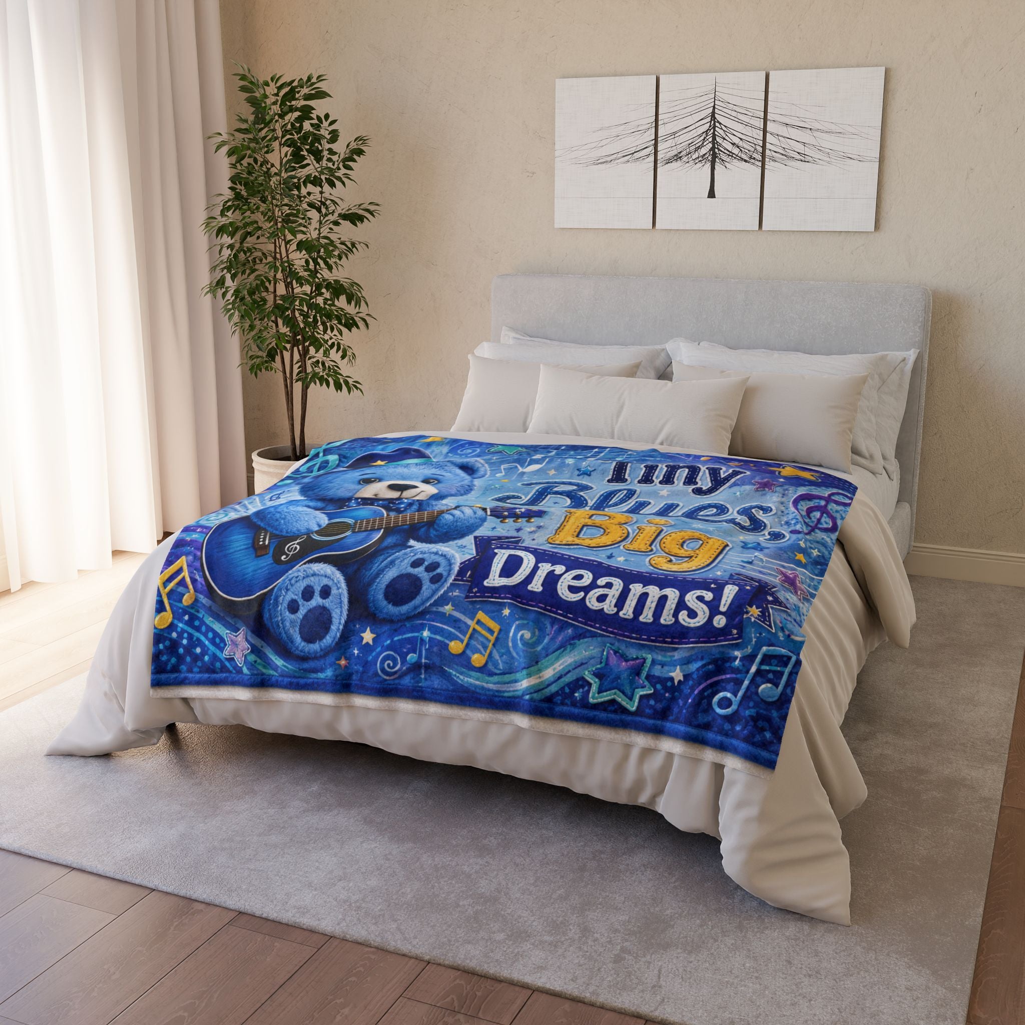 Tiny Blues Big Dreams Baby Blanket — Blue Teddy Guitar Nursery Throw