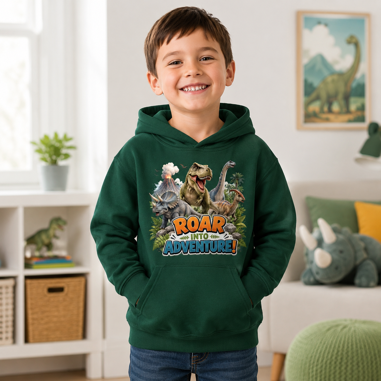Kids Hoodie - "Roar Into Adventure" Dinosaur Hoodie for Boys & Girls, T‑Rex Graphic Pullover