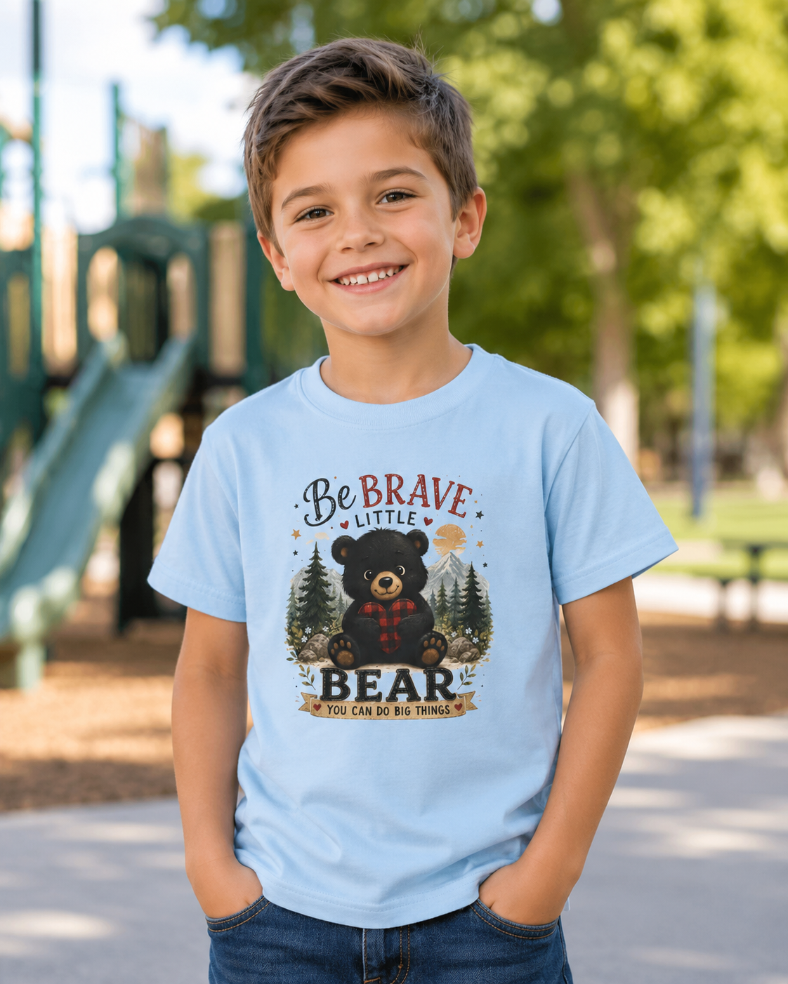 Kids T‑Shirt — "Be Brave Little Bear" Cute Woodland Bear Tee for Children, Inspirational Adventure Gift