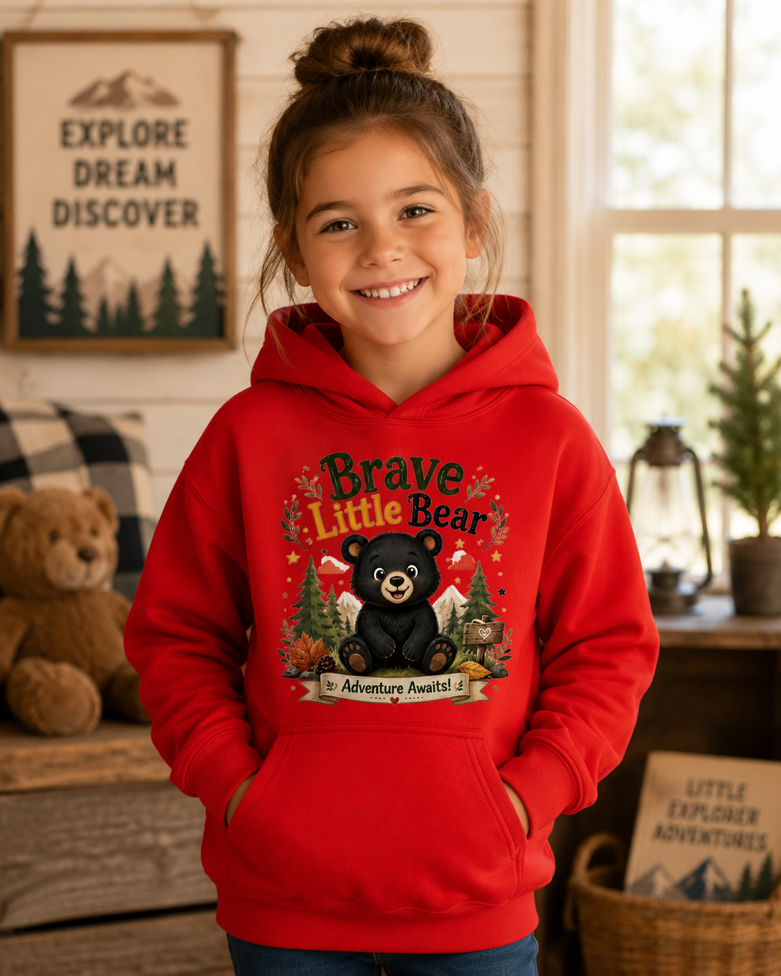 Brave Little Bear Kids Hoodie — 'Adventure Awaits' Woodland Bear Sweatshirt