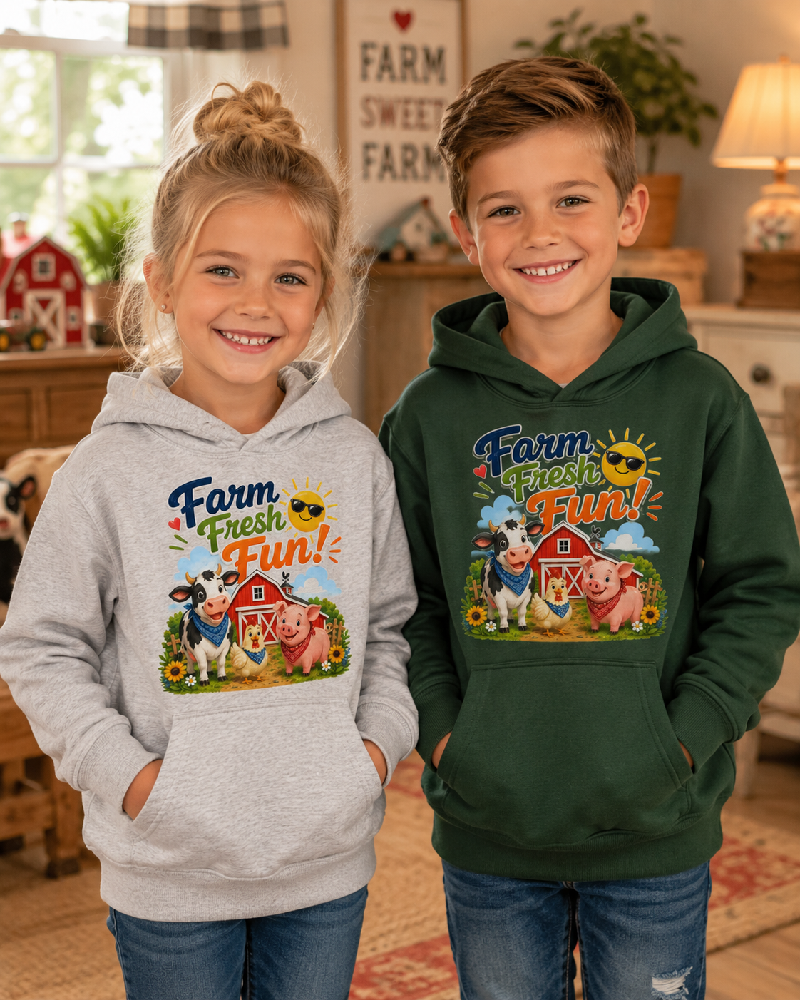 Farm Fresh Fun Kids Hoodie — Cute Cow & Pig Barnyard Design