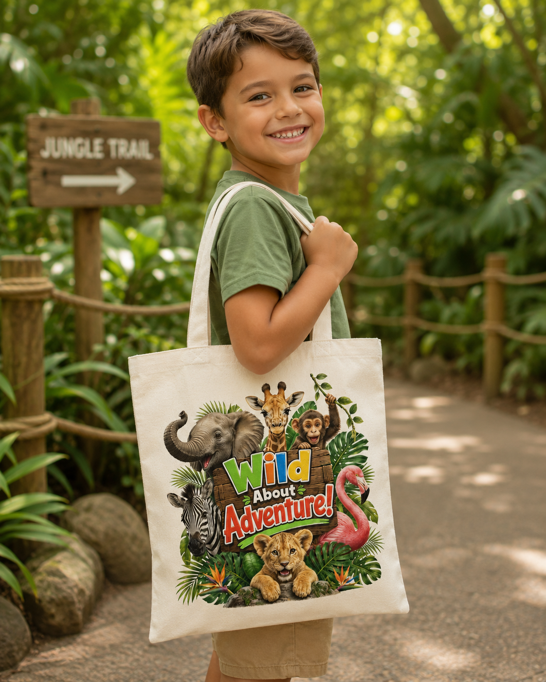 Wild About Adventure Tote Bag — Cute Jungle Animal Canvas Tote for Kids & Moms