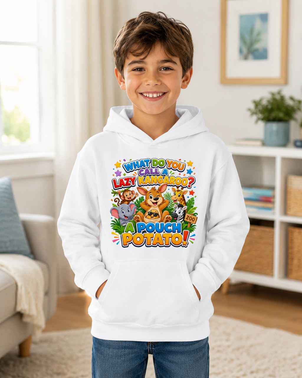 Lazy Kangaroo Pouch Potato Kids Hoodie | Cute Animal Joke Graphic
