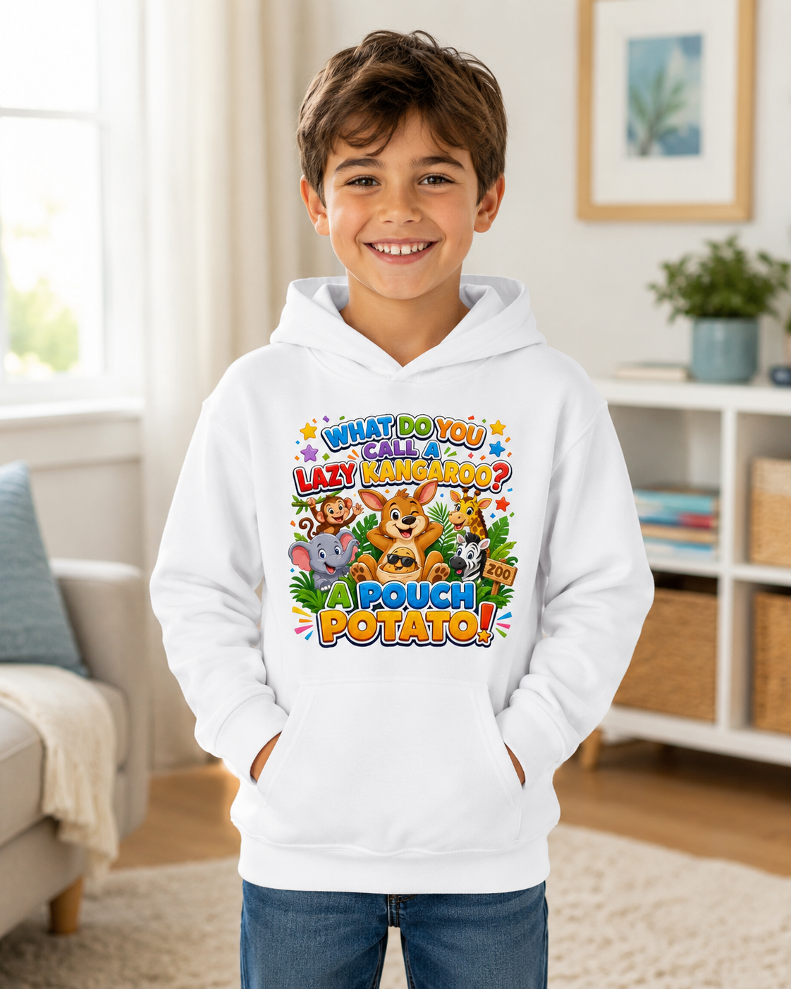 Lazy Kangaroo Pouch Potato Kids Hoodie | Cute Animal Joke Graphic