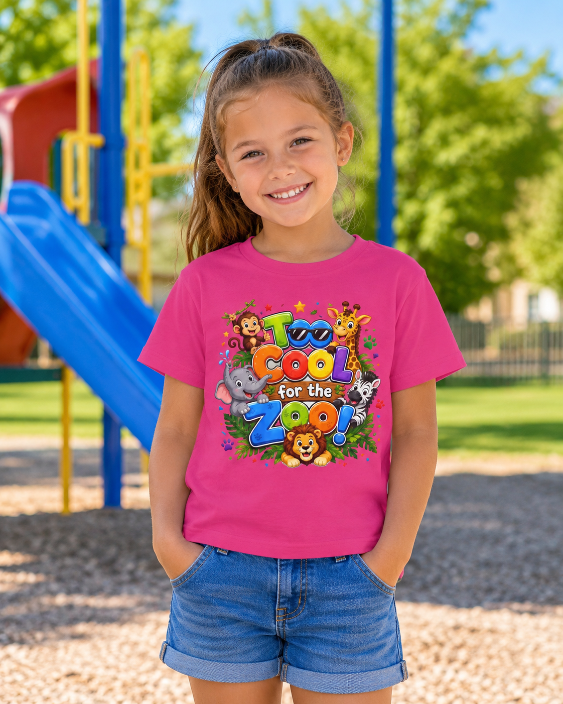 Kids Tee — "Too Cool for the Zoo" Colorful Animal Graphic
