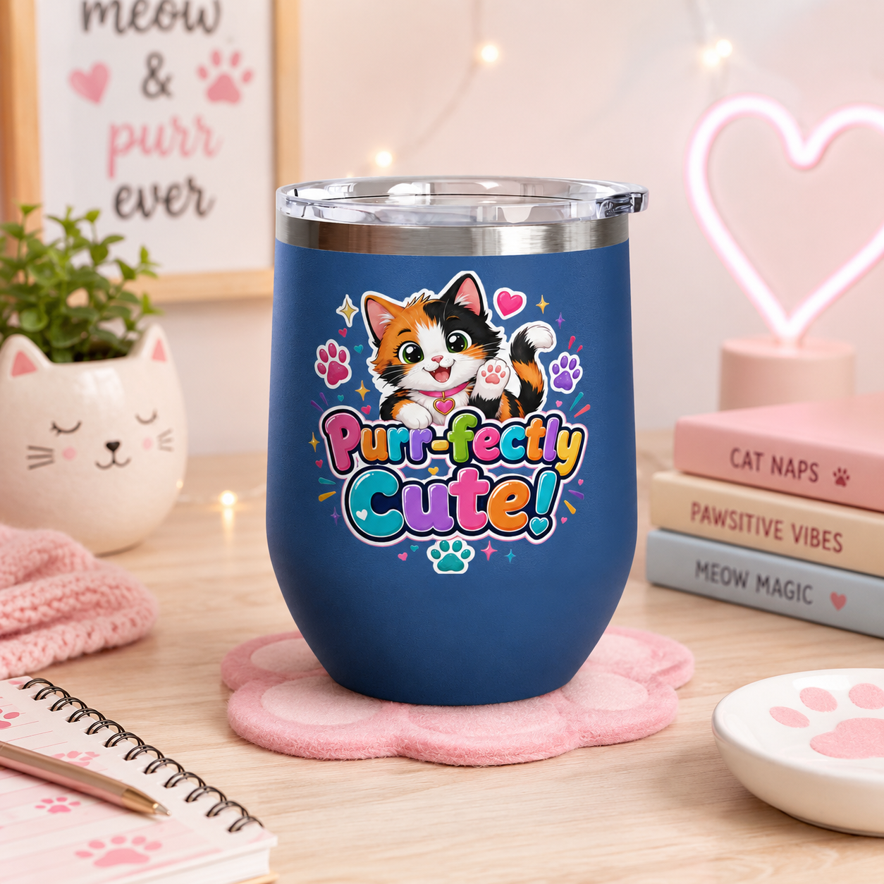 "Purr-fectly Cute!" Cat 12oz Insulated Stainless Steel Tumbler