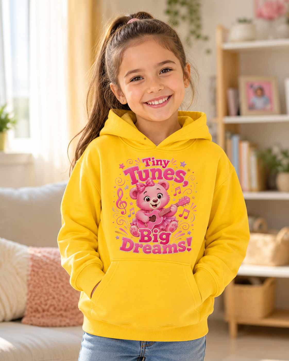 Kids Hoodie — "Tiny Tunes, Big Dreams" Pink Musical Bear Hoodie for Toddlers