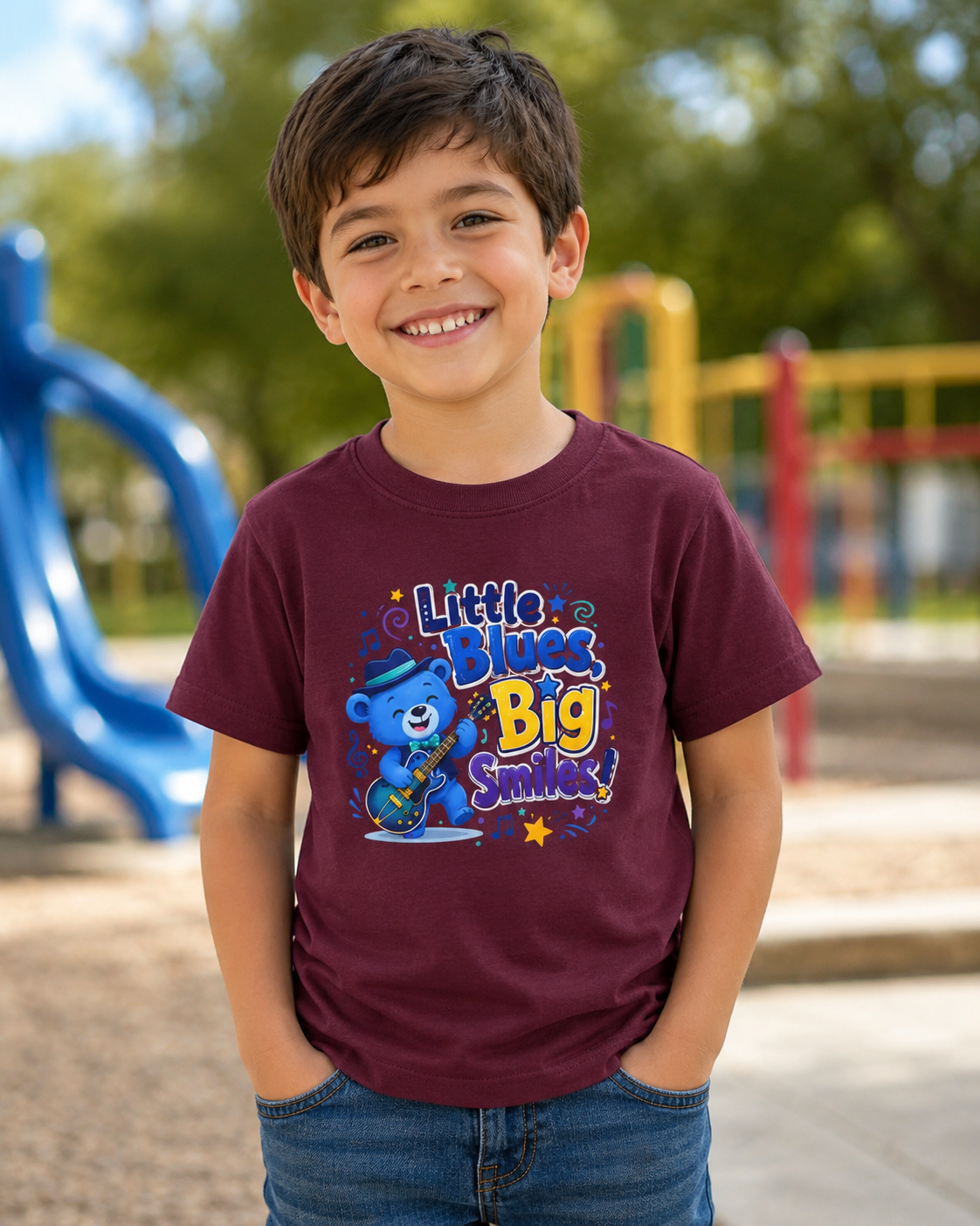 Kids Tee — "Little Blues, Big Smiles!" Guitar-Bear Graphic