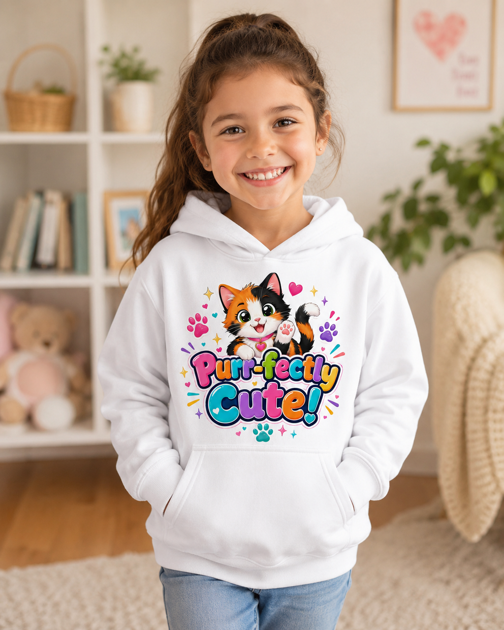 Kids Hoodie — "Purr-fectly Cute!" Cat Graphic Pullover for Children