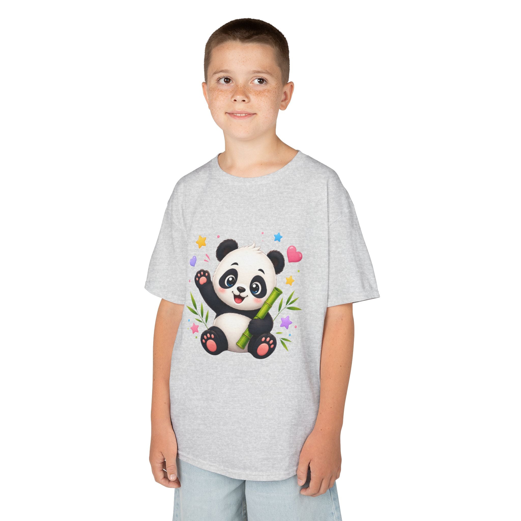 Cute Panda Kids T‑Shirt — Smiling Baby Panda with Hearts & Bamboo