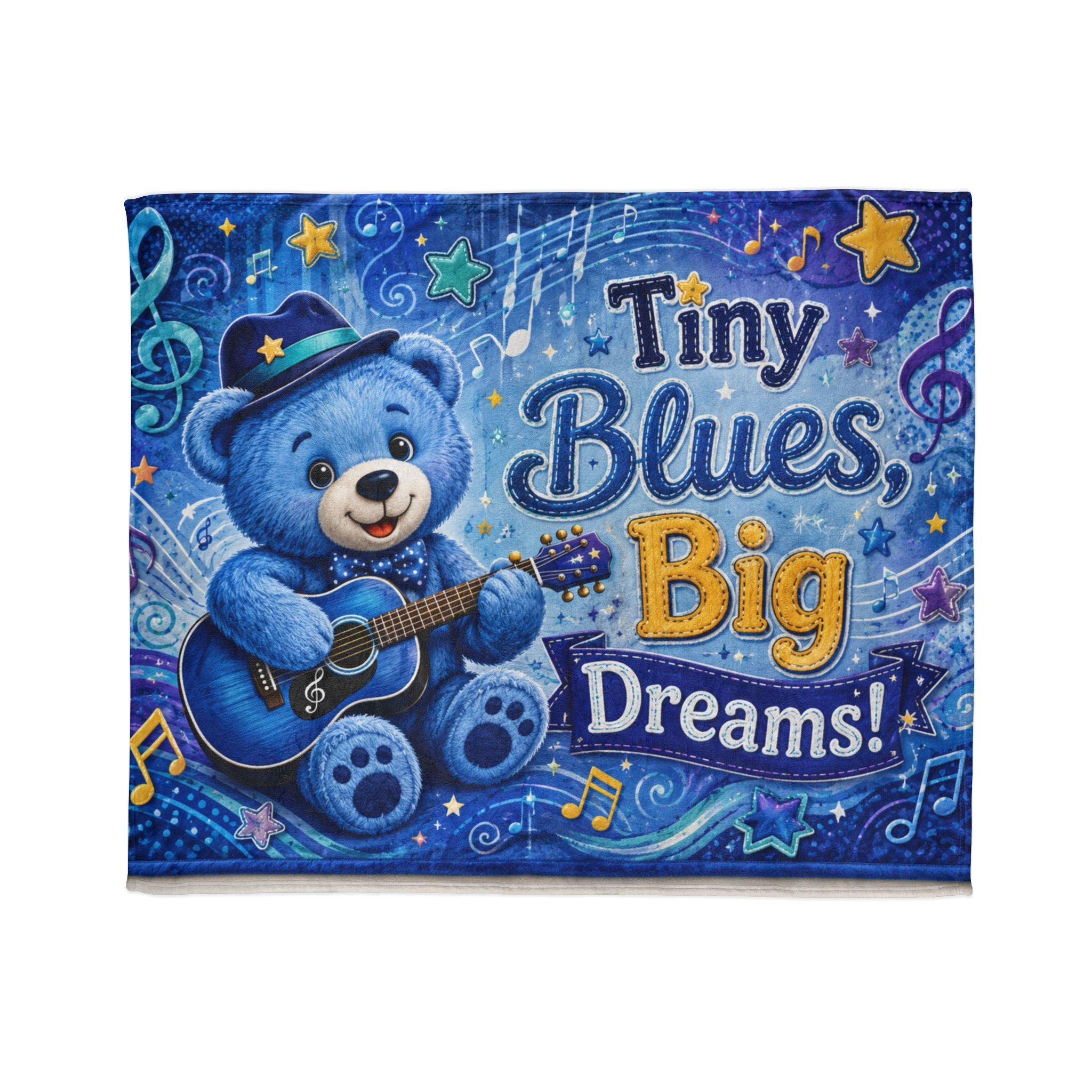 Tiny Blues Big Dreams Baby Blanket — Blue Teddy Guitar Nursery Throw