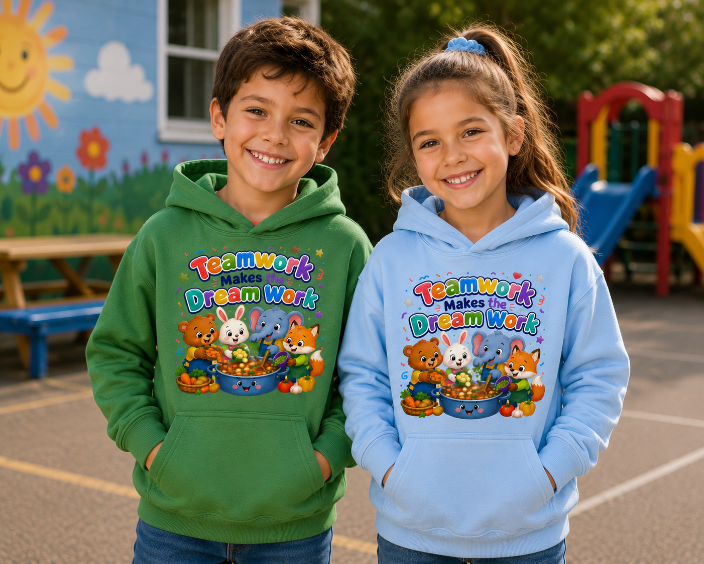 Kids Hoodie - "Teamwork Makes the Dream Work" Cute Animal Crew