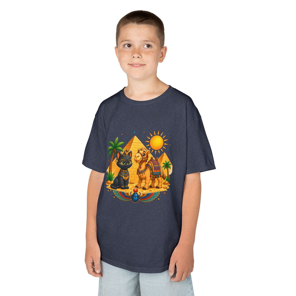 Egyptian Cats and Camel Kids Tee | Pyramid Desert Sun Illustration