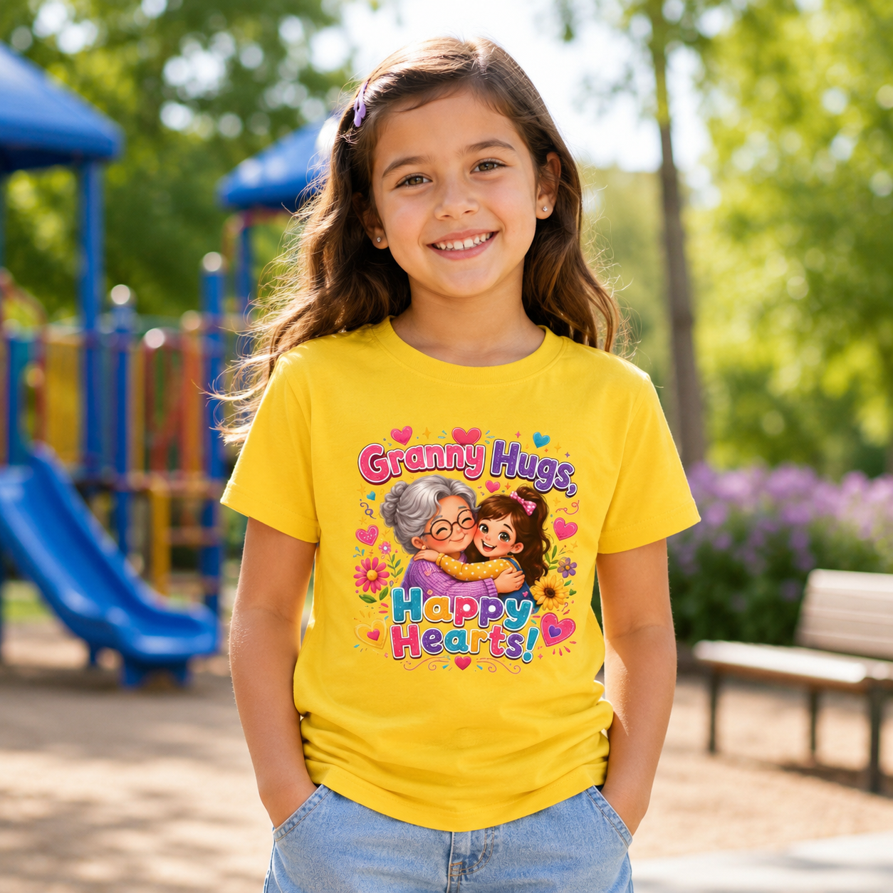 Granny Hugs Happy Hearts Tee | Grandma Grandchild Cute Illustration