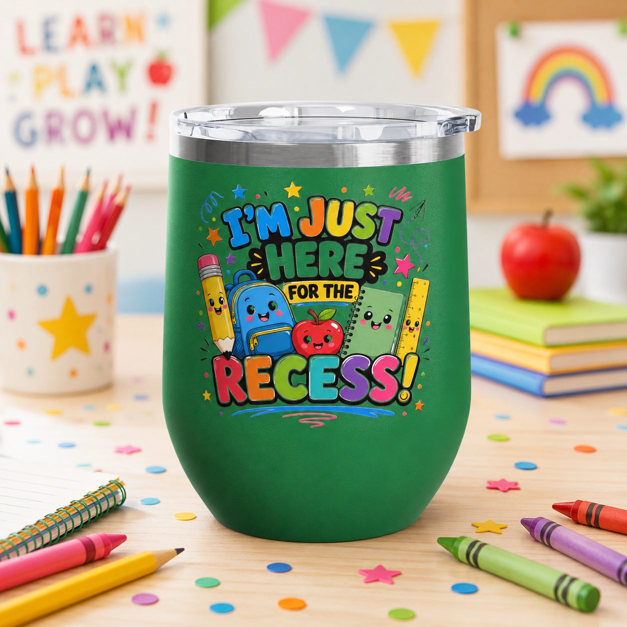 Tumbler — "I'm Just Here for the Recess!" Cute School Kids Stainless Steel 12oz