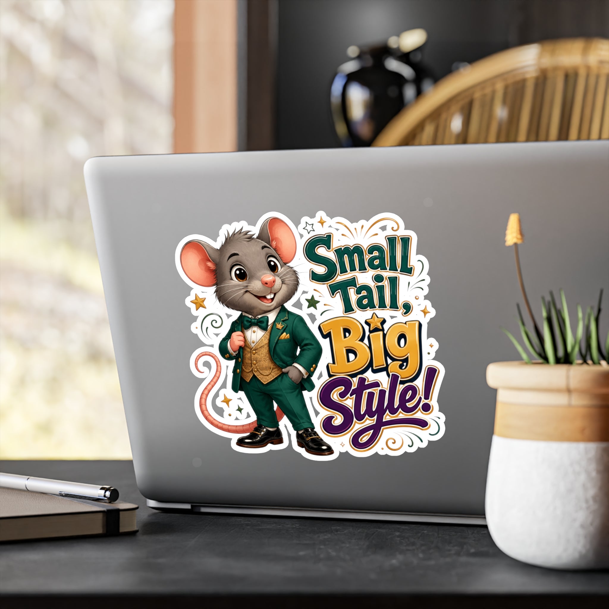 Sticker — "Small Tail, Big Style!" Cute Dressed Mouse Kiss-Cut Vinyl Decal