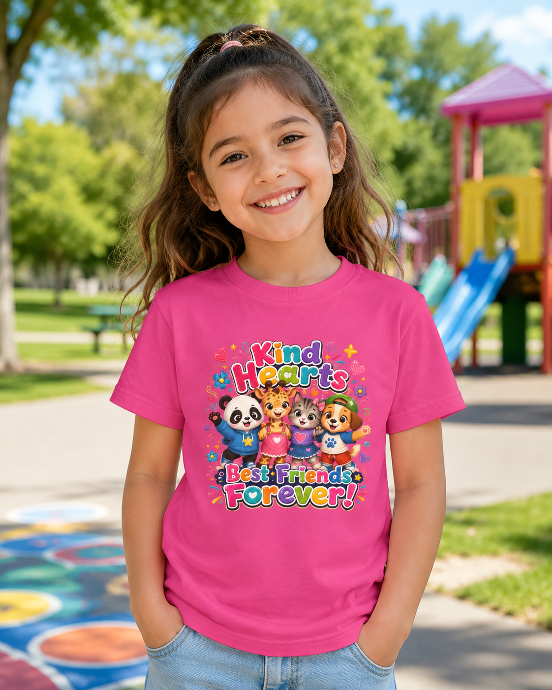 Kids Tee — "Kind Hearts Best Friends Forever" Colorful Cartoon Animals
