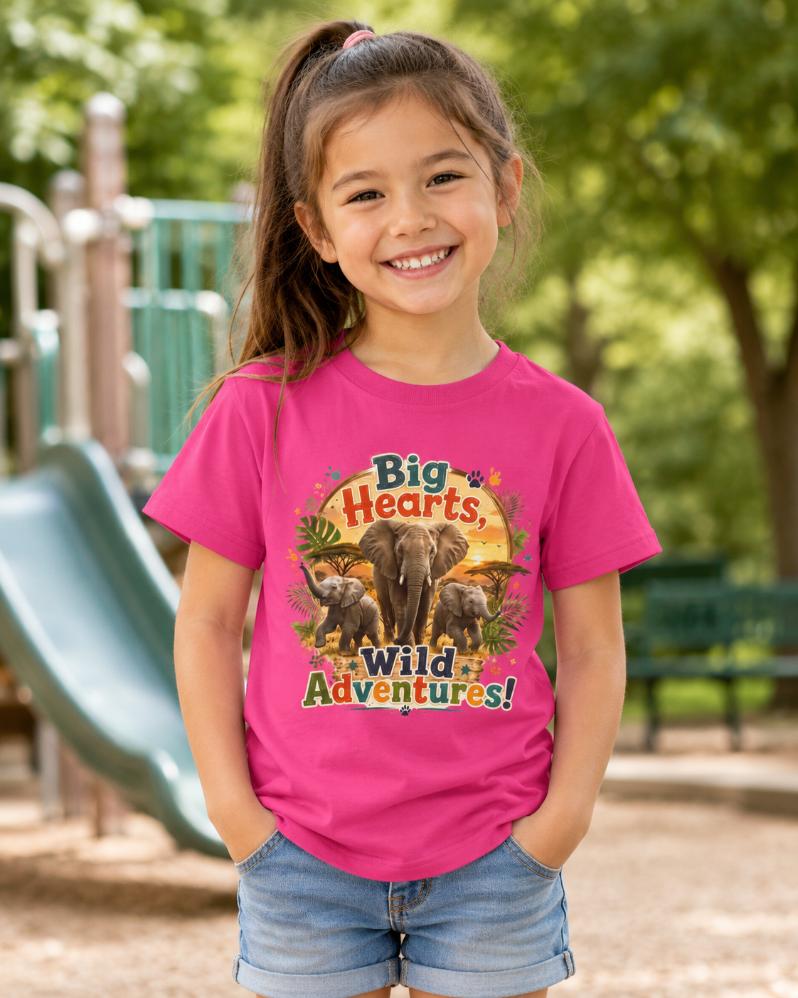 Kids T-Shirt — “Big Hearts, Wild Adventures!” Elephant Safari Shirt for Kids, Cute Animal Adventure Tee