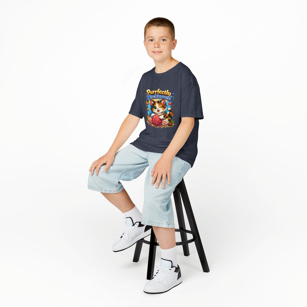 Kids T-Shirt — "Purrfectly Mischievous" Cute Kitten Playing with Yarn