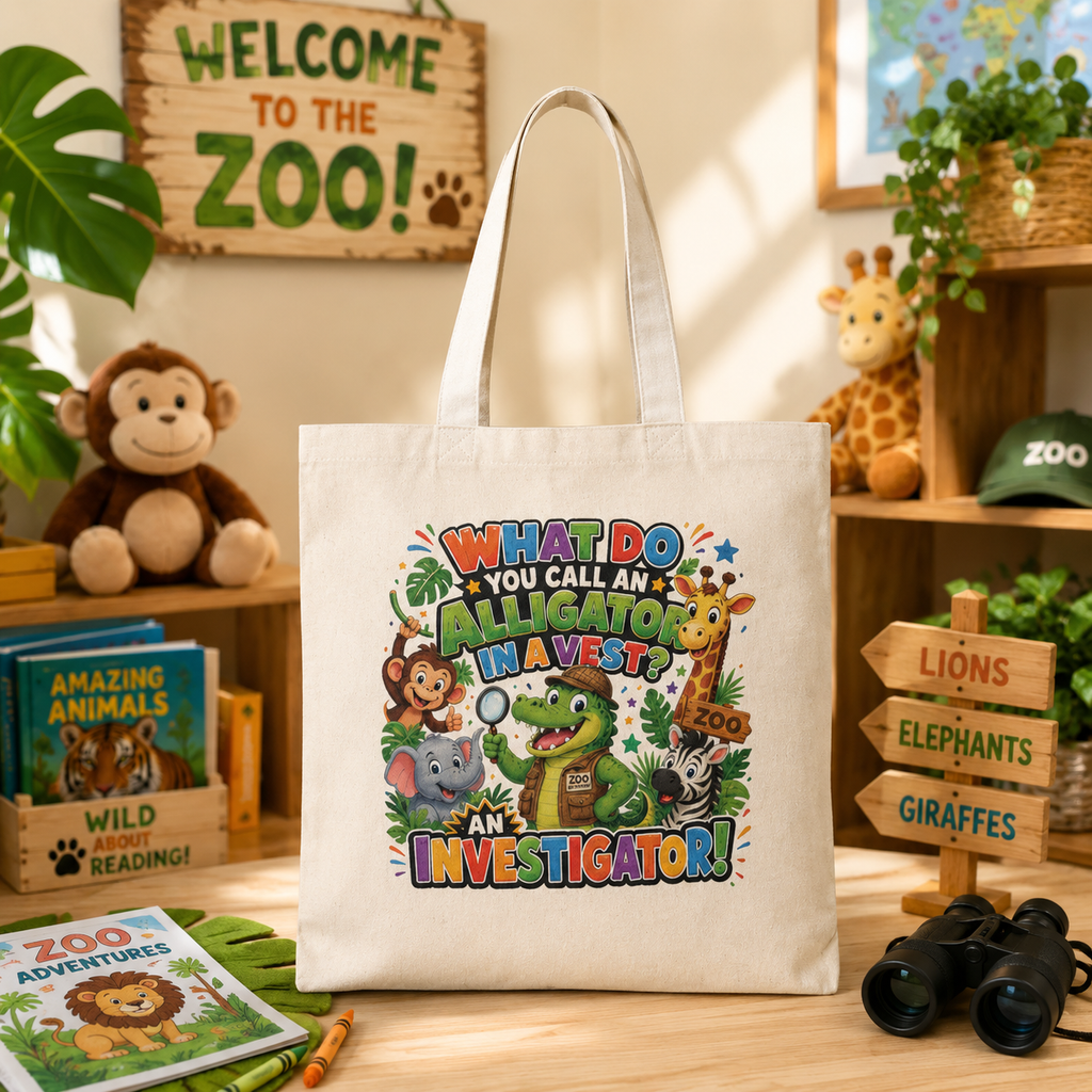 Alligator Investigator Tote Bag | Cute Jungle Animals, Kid Joke Design