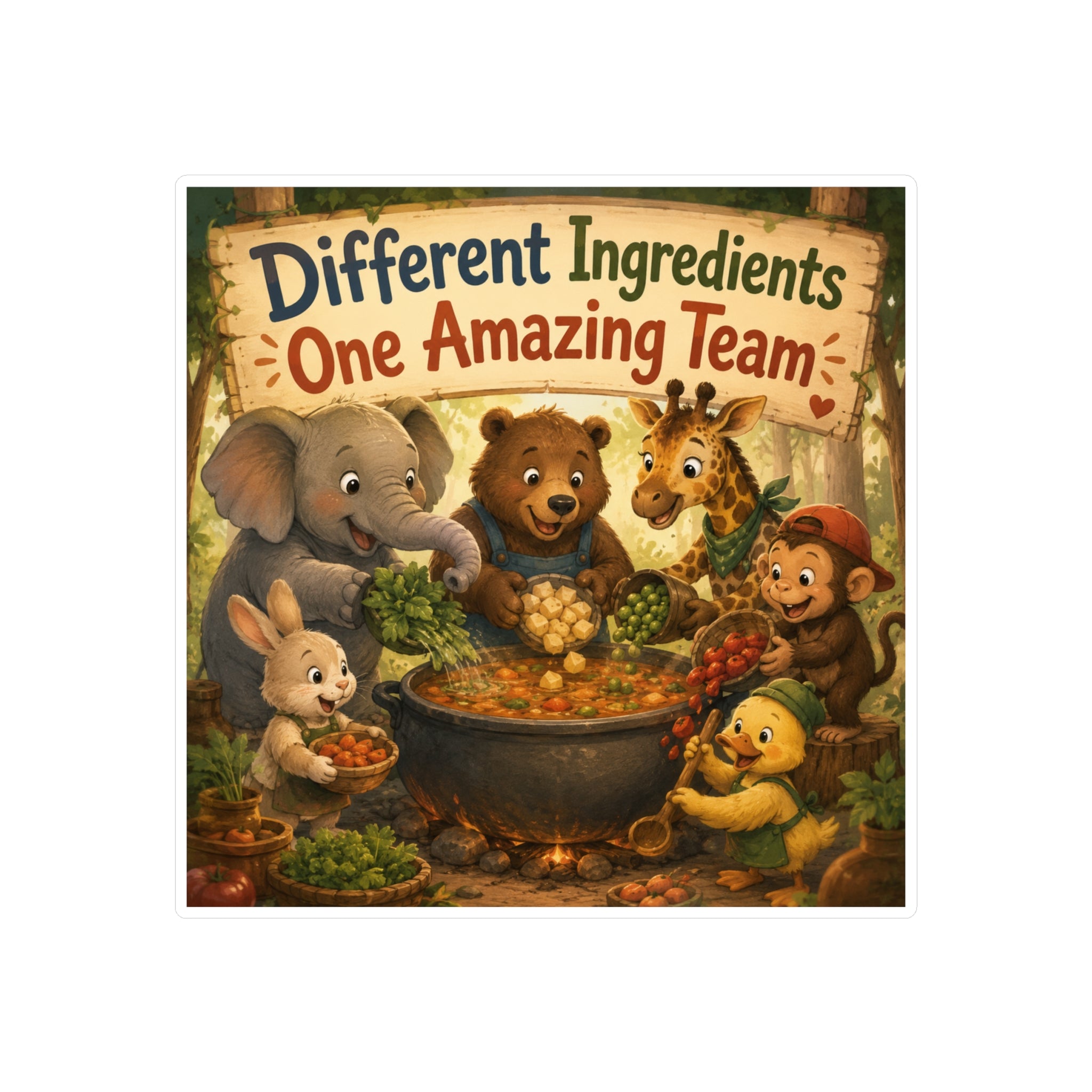Kiss-Cut Vinyl Sticker — "Different Ingredients One Amazing Team" Cute Woodland Animals Teamwork Decal