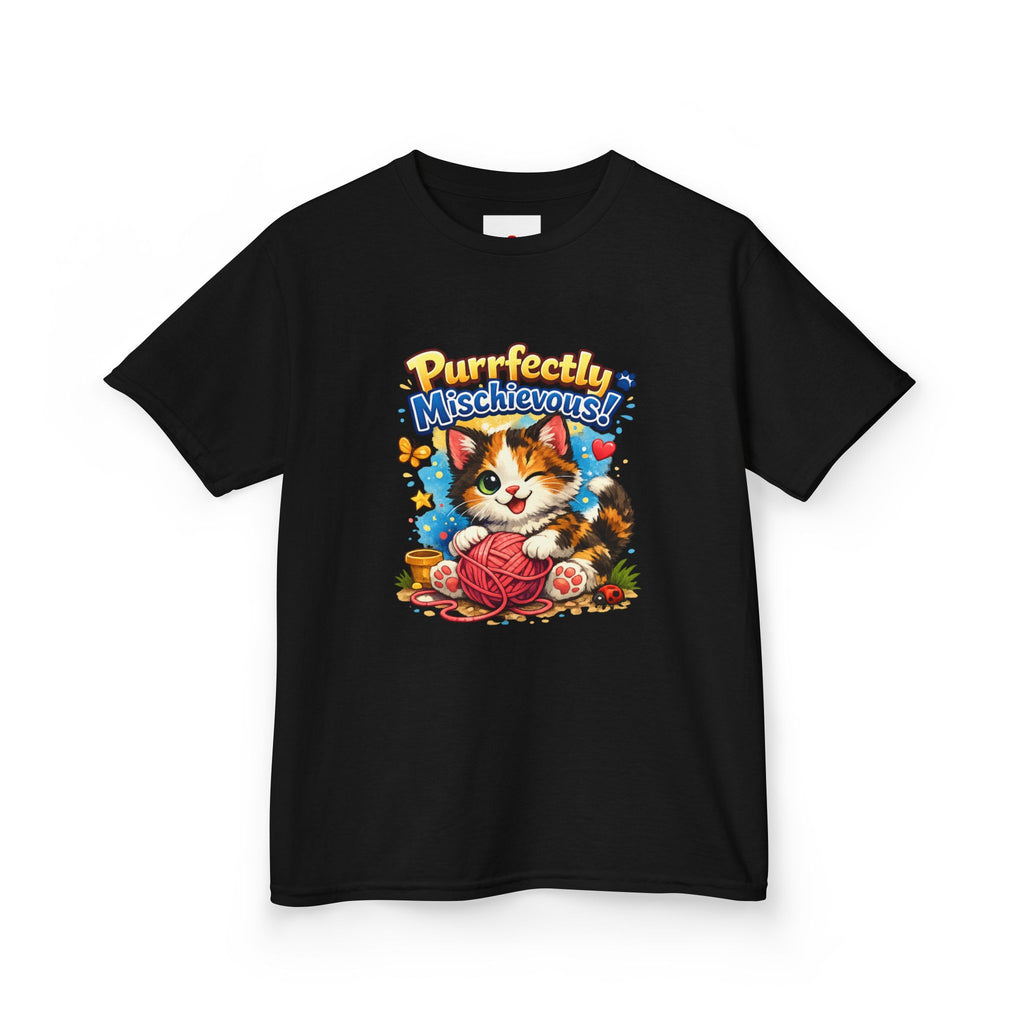 Kids T-Shirt — "Purrfectly Mischievous" Cute Kitten Playing with Yarn