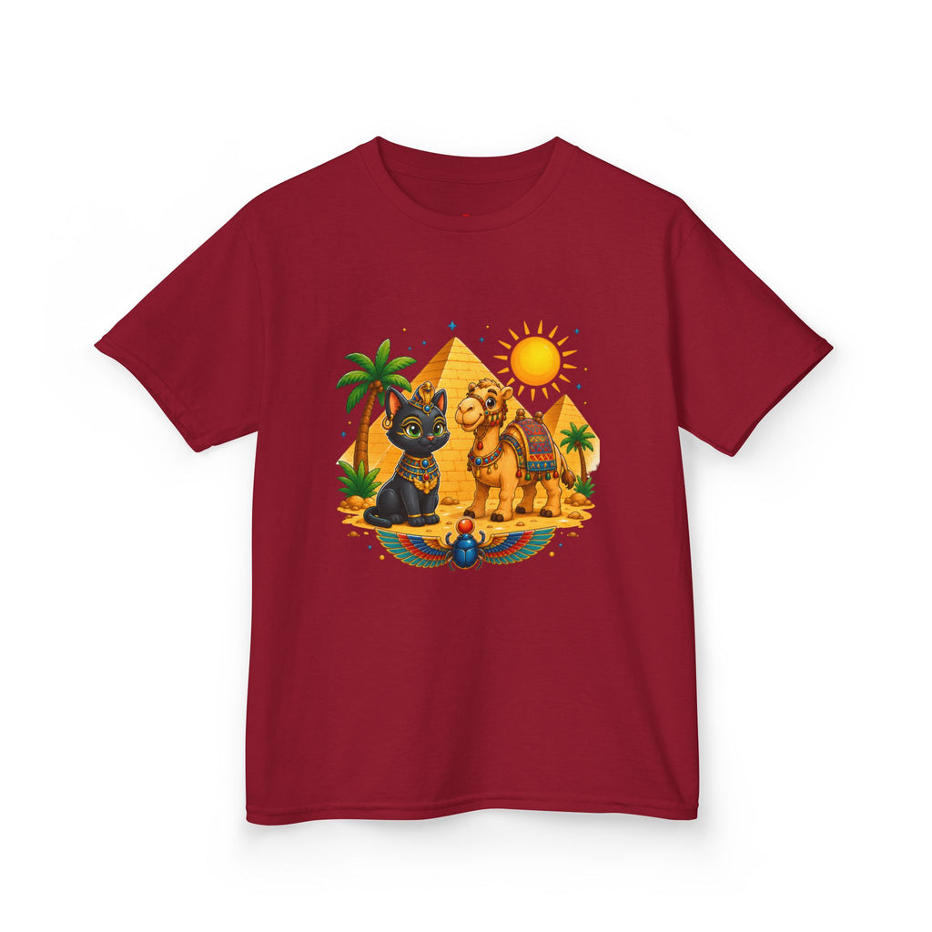 Egyptian Cats and Camel Kids Tee | Pyramid Desert Sun Illustration
