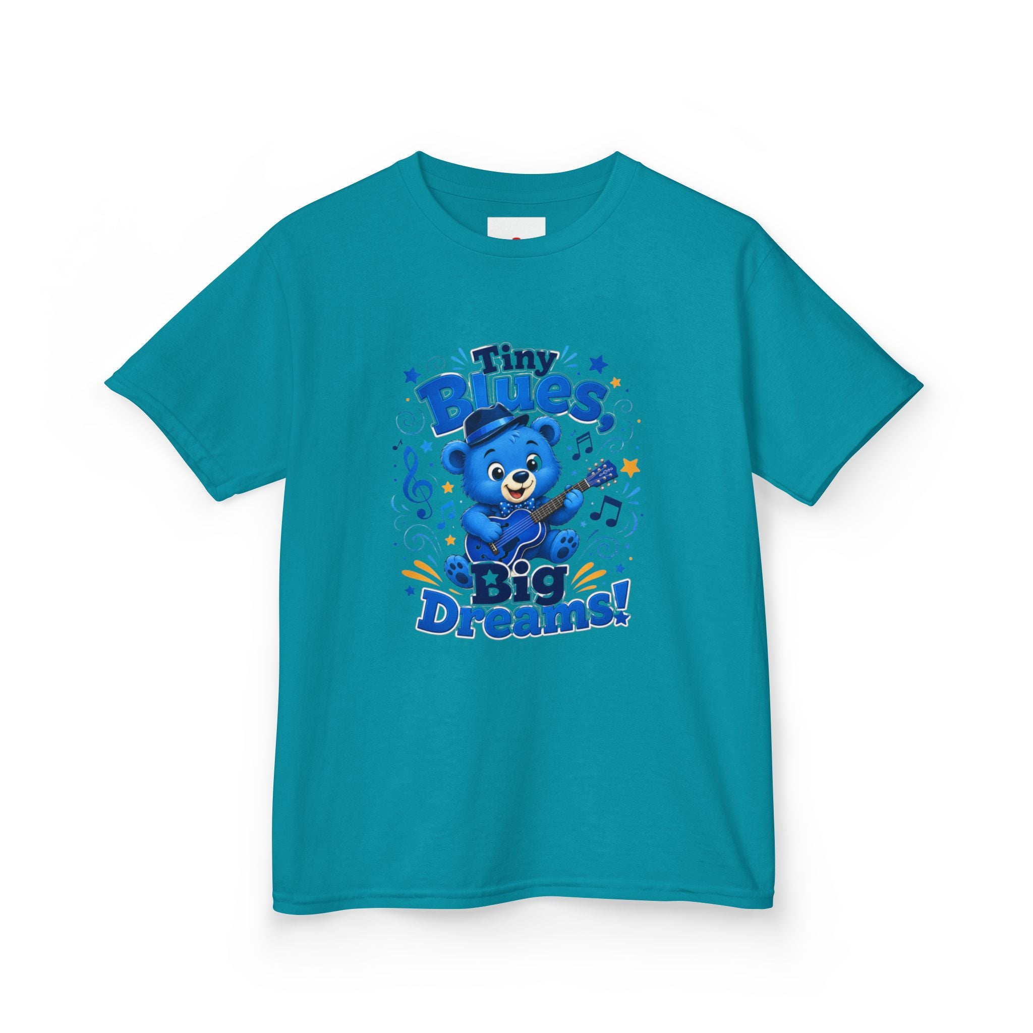 Kids Tee - "Tiny Blues, Big Dreams!" Cute Blue Bear Music Graphic