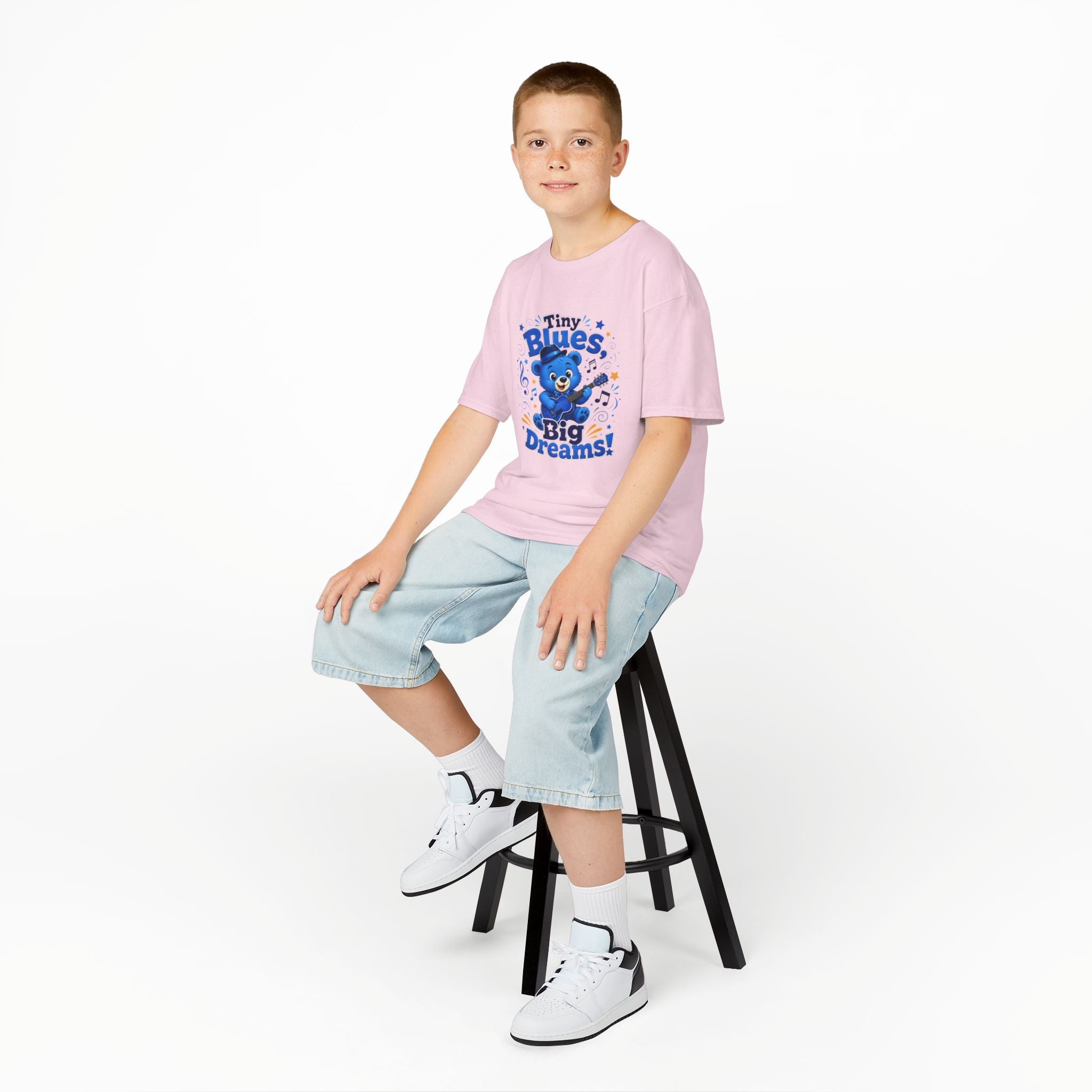 Kids Tee - "Tiny Blues, Big Dreams!" Cute Blue Bear Music Graphic