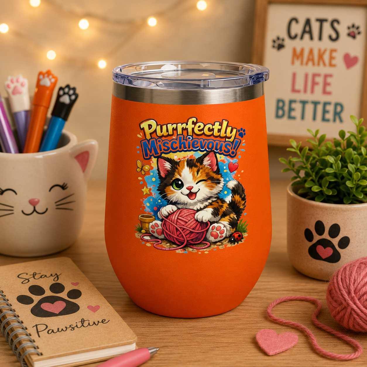 Purrfectly Mischievous 12oz Tumbler — Cute Playful Kitten Design
