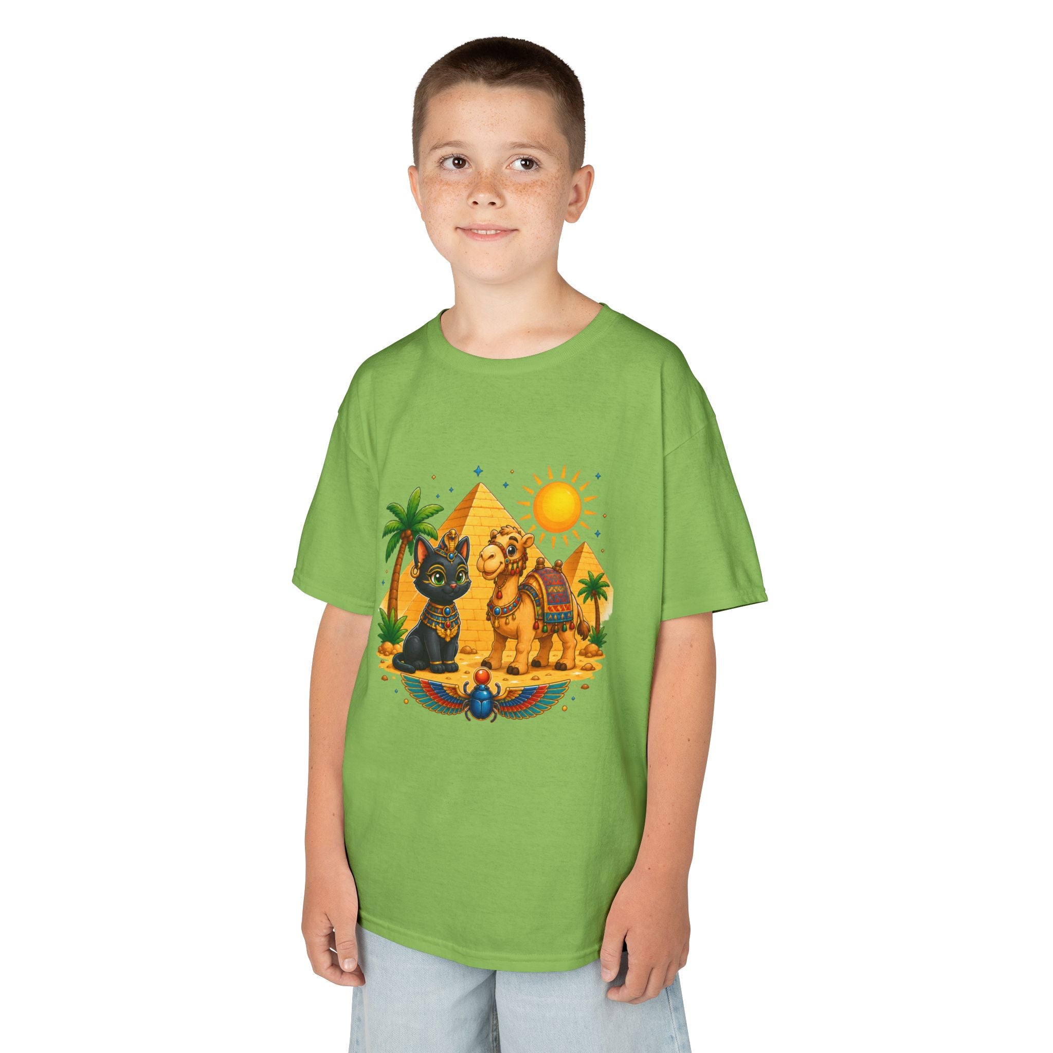Egyptian Cats and Camel Kids Tee | Pyramid Desert Sun Illustration