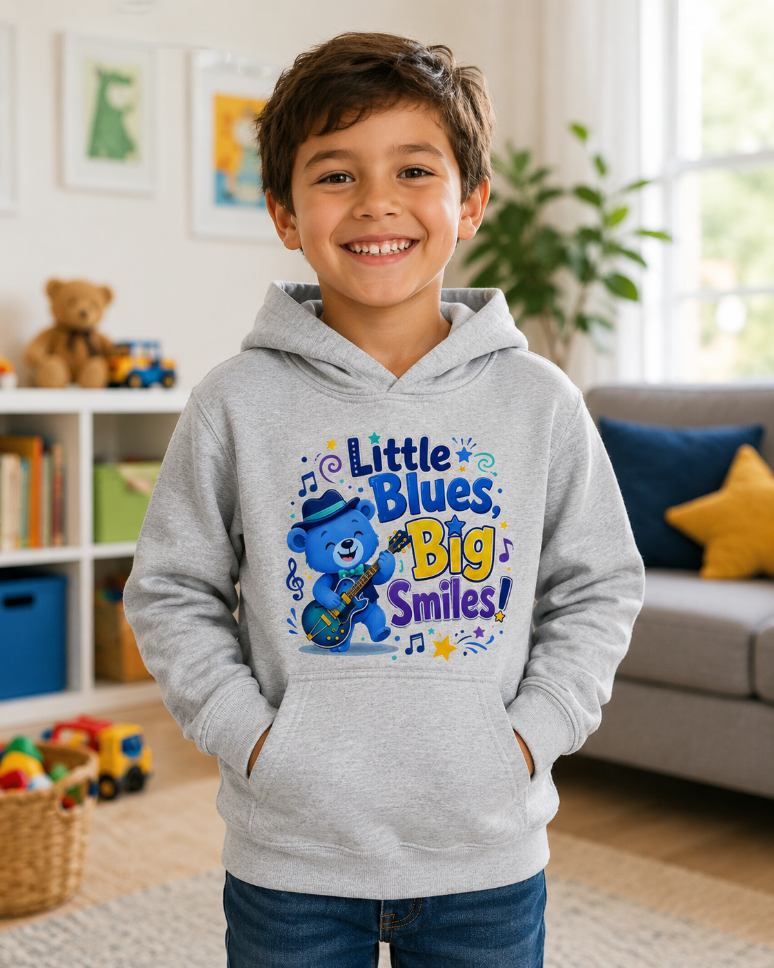 Kids Hoodie - "Little Blues, Big Smiles" Cute Blue Bear Guitar Hoodie for Toddlers