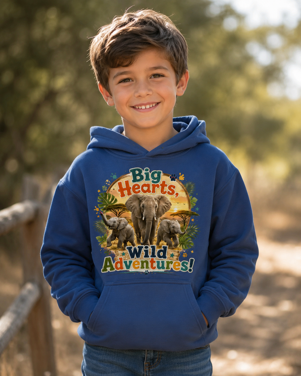 Kids Hoodie — "Big Hearts, Wild Adventures!" Elephant Safari Graphic