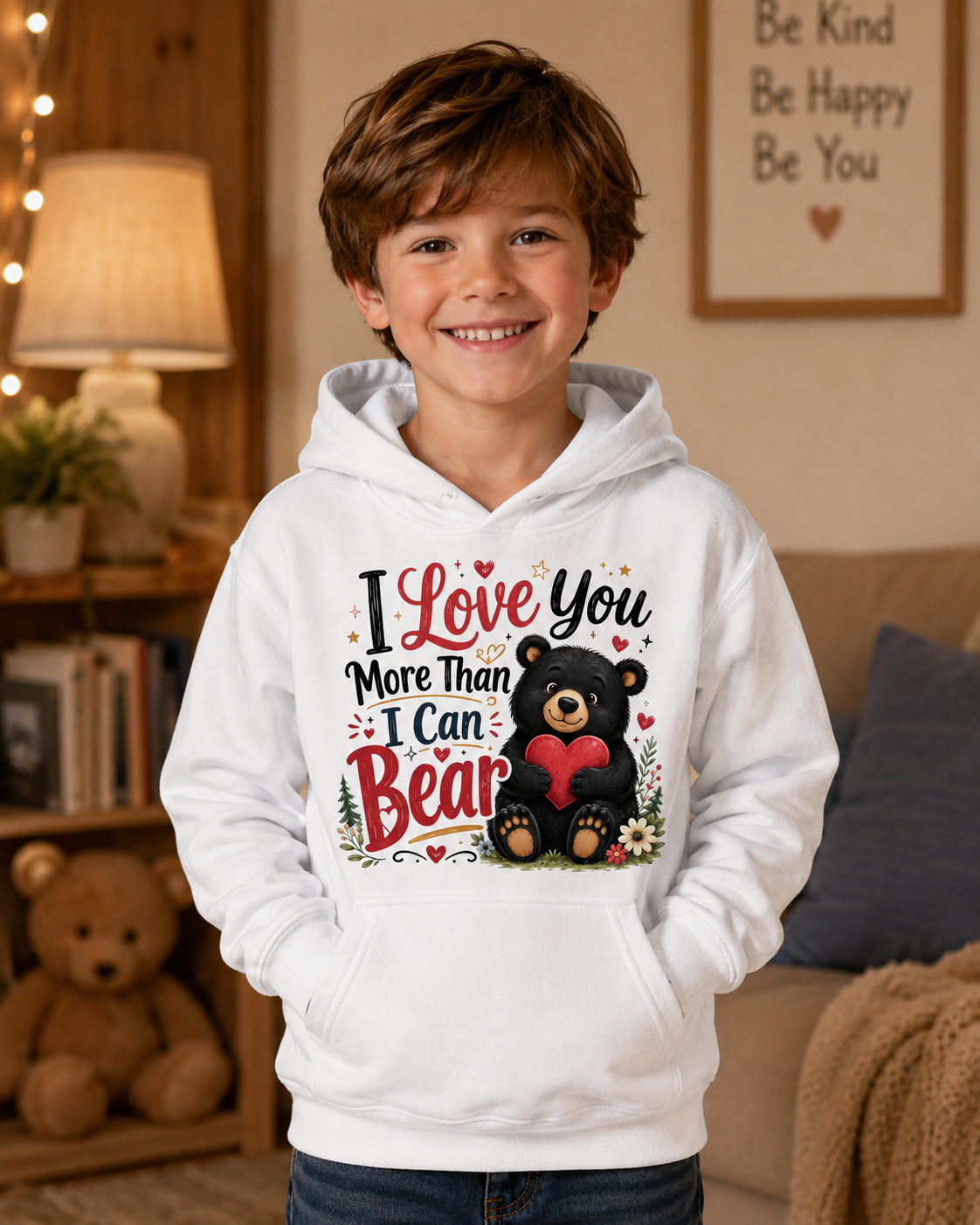 Kids Hoodie — "I Love You More Than I Can Bear" Cute Bear Valentine Design