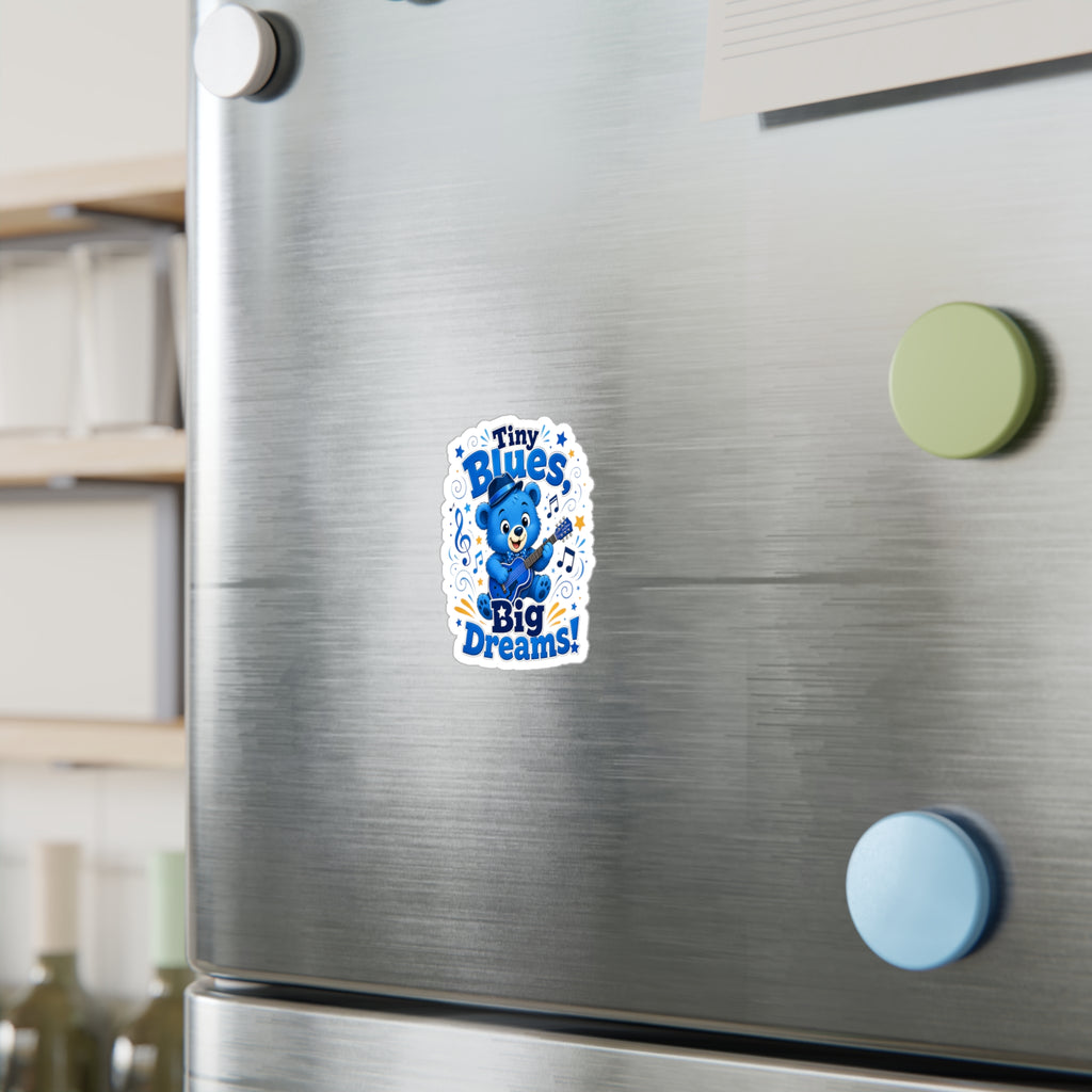 Tiny Blues Big Dreams Sticker — Cute Blue Bear Guitar Kiss-Cut Vinyl Decal