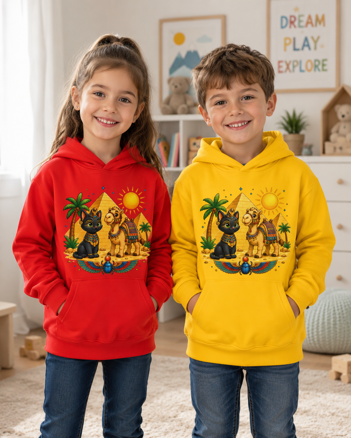 Egyptian Cats with Camel Kids Hoodie | Pyramid, Palm Trees, Sun